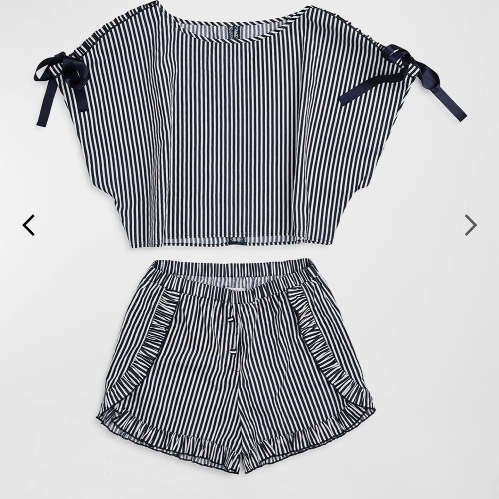NWT Morgan Lane Gina Nessa Striped Ruffle-Trim Pajama Set - Picture 3 of 12